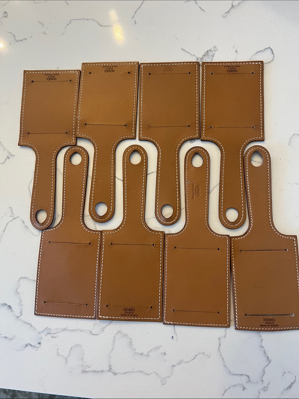 Hermes Tan Leather belt holder with White Stitching (Set of 8)
